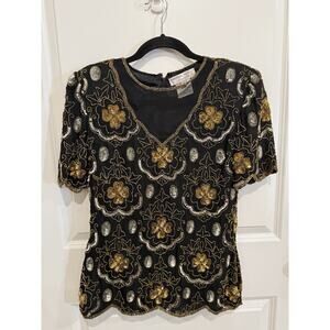 Adrianna Papell Boutique Evening Top Sz Small Black Beaded Sequin Silk Party